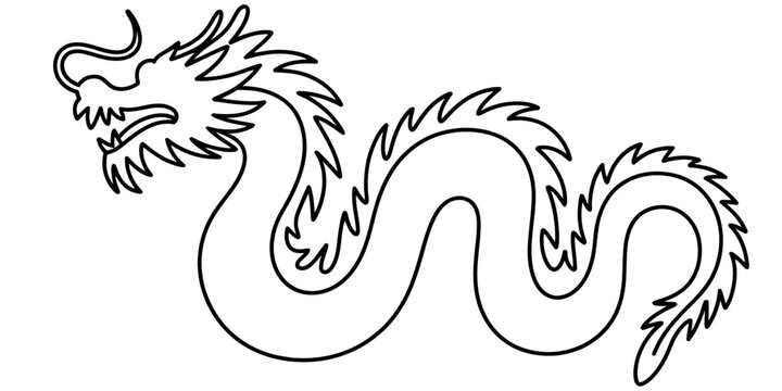 A detailed black and white line art illustration of a traditional long chinese style dragon