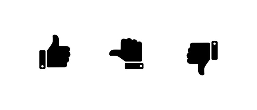 Thumb up, sideways, and down icon. Like, neutral, and dislike hand symbol. Feedback reaction sign