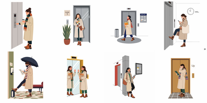 Vector illustrations of a woman in a trench coat interacting with elevators in various daily life scenes like commuting, shopping, and working.