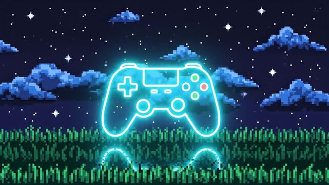 Pixel Art Animation. Glowing Neon Game Controller in a Pixelated Night Landscape for Gaming Room. Retro Video Game Aesthetic.