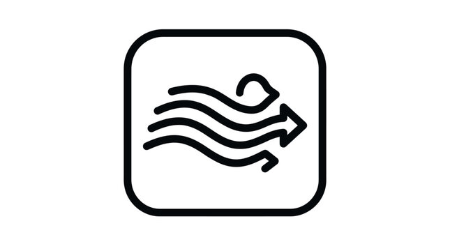 Air Flow Direction Icon with Wavy Lines and Arrow in Rounded Square, isolated white background.