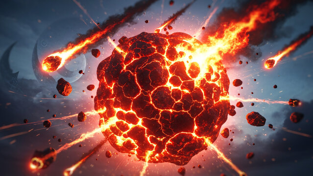 A large asteroid explodes in space with debris and flames scattered everywhere