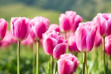 Fototapeta premium Pink tulips blooming in a vibrant spring garden field