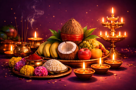 Traditional Indian Festival Pooja Celebrations Across North, South, East, and West India Including Diwali, Navratri, Durga Puja, Ugadi, Vishu, Baisakhi, Pongal and Puthandu &ndash; Cultural Rituals, Lamps, 