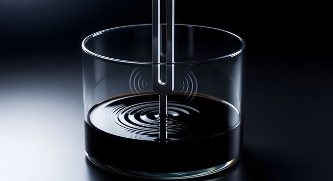 A metal tuning fork vibrating in a glass of dark liquid creating ripples and resonance waves, concept of physics, sound frequency, and acoustics in a minimalist studio setting