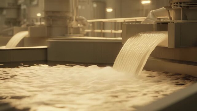 Water is flowing from an industrial pipe into a large basin, generating foam on the surface as part of a purification process within a factory setting