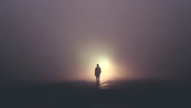 lonely figure walking on reflective ground towards a bright light in heavy purple fog  