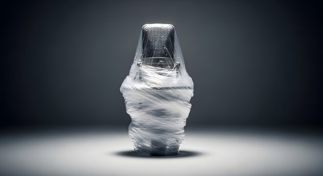 Professional condenser microphone tightly wrapped in plastic film on a dark studio background, conceptual image representing censorship, silence, and suppressed free speech