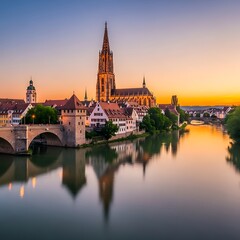 Fototapeta premium Ulm Minster and Danube River at Sunset - A Scenic View.