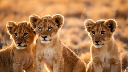 Obraz premium Three lion cubs sitting backlit in golden light