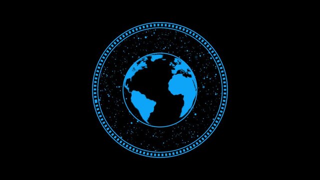 Digital globe with blue data particles and circular HUD element shines on black background. Blue data particles enhance digital globe with futuristic HUD design. Circular HUD element highlights .