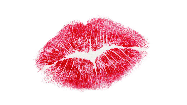 Isolated bright red lipstick kiss mark; passionate feminine symbol of love and romance