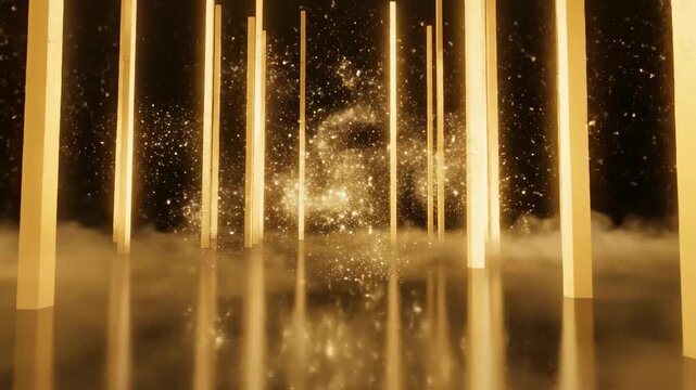 Abstract golden light installation with fog and sparkling particles creates a luxurious atmosphere for visual design