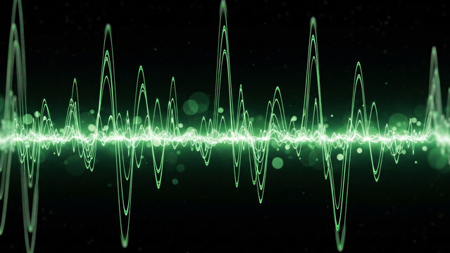 黒背景に浮かび上がる緑色のデジタル波形と音波の抽象背景素材
