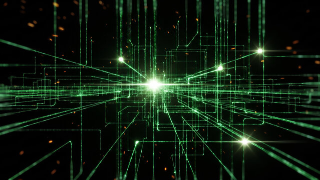サイバー空間を流れる緑のデジタルネットワークとデータ通信の抽象背景