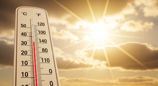 Close-up of a thermometer under bright sunlight, indicating high temperature with sun rays