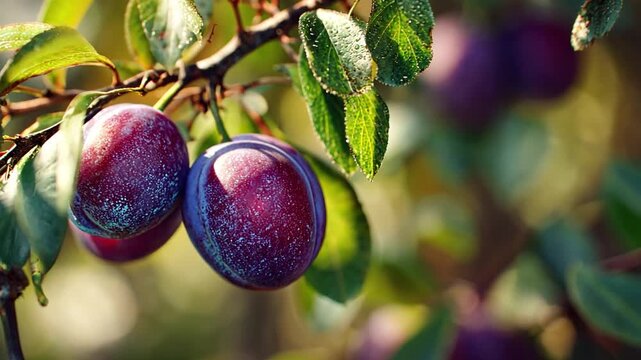 Fresh ripe plums on tree branch with green leaves in sunlight