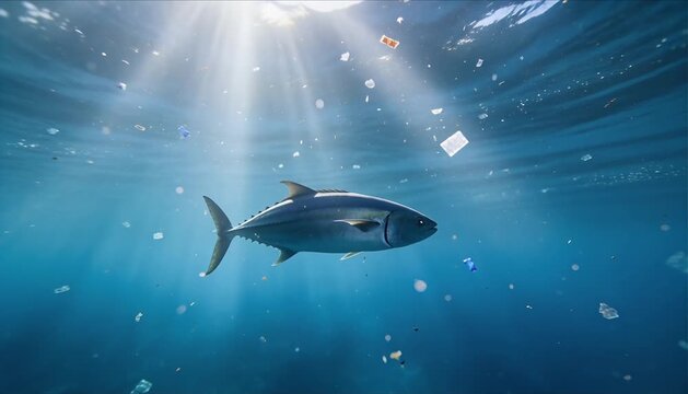 underwater cinematic scene of tuna swimming through clear blue water with floating microplastic particles in sunlight perfect for world tuna day