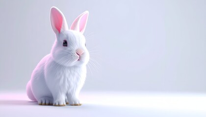 Obraz premium Fluffy white rabbit sits with pink-lined ears against a soft, gradient background