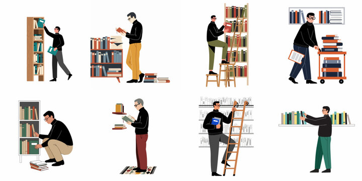 Set of Illustrations Featuring a Male Librarian Organizing, Browsing, and Reading Books in a Library or Home Study Environment.