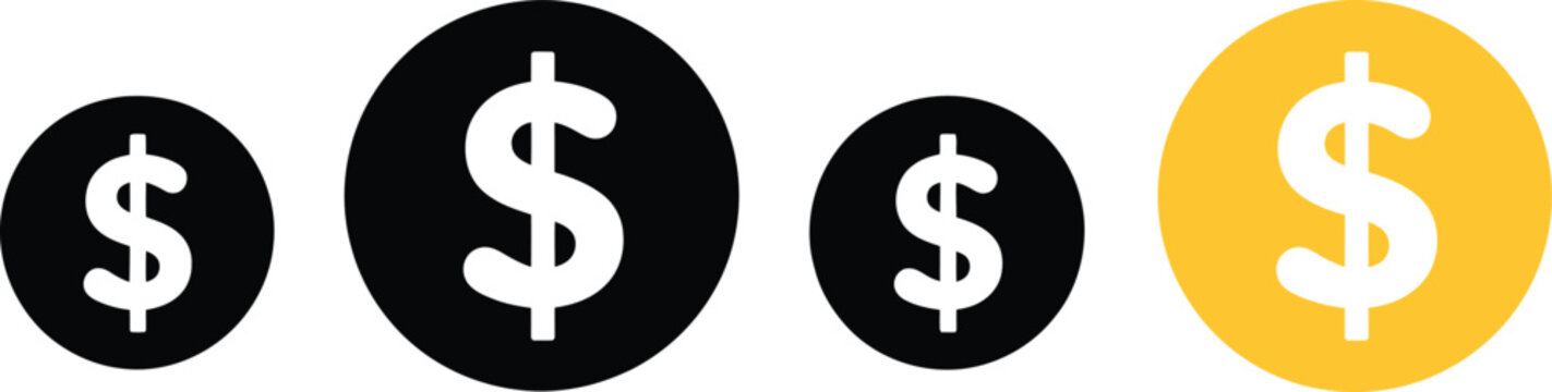 Dollar coin icons, US Dollar money symbol, minimal vector for currency, finance, and business concepts, flat design.