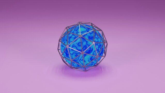 Abstract blue plasma energy ball inside a silver geometric wireframe cage