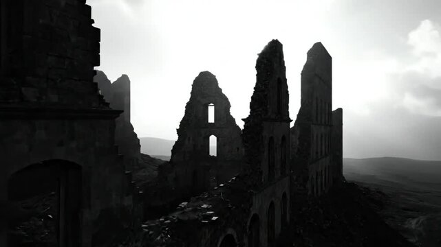 Black and white ruins of a historic building with sun shining through its broken architecture in a moody atmosphere