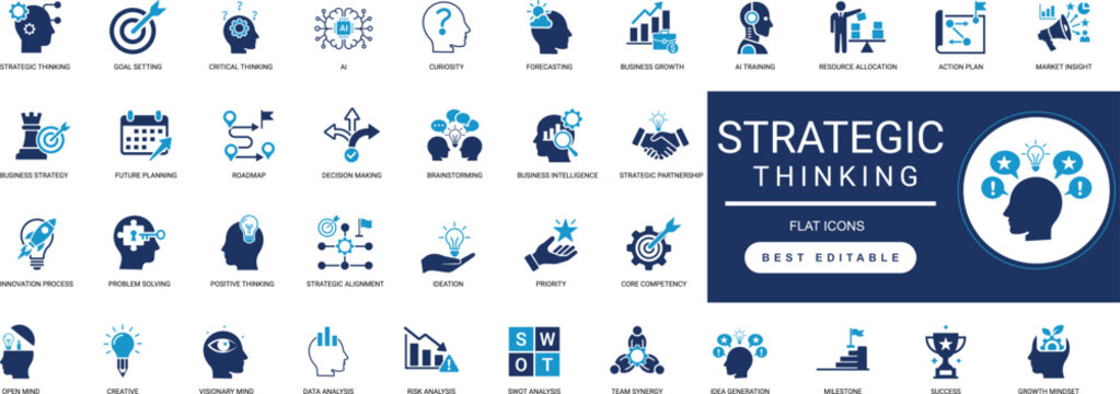strategic thinking solid icon set. vision, planning, analysis, logic, solution, leadership. editable vector illustration collection set.