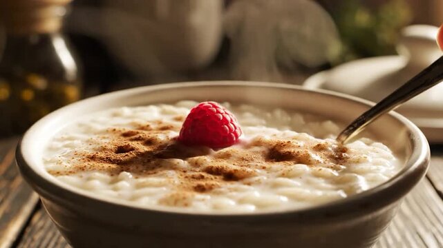 A steaming bowl of creamy rice pudding, topped with a single red berry and a sprinkle of cinnamon, served on a rustic wooden surface