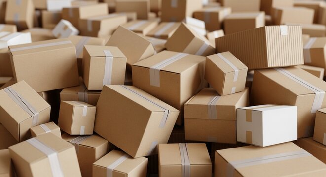 A large pile of stacked cardboard shipping boxes and parcels, ready for delivery, conveying