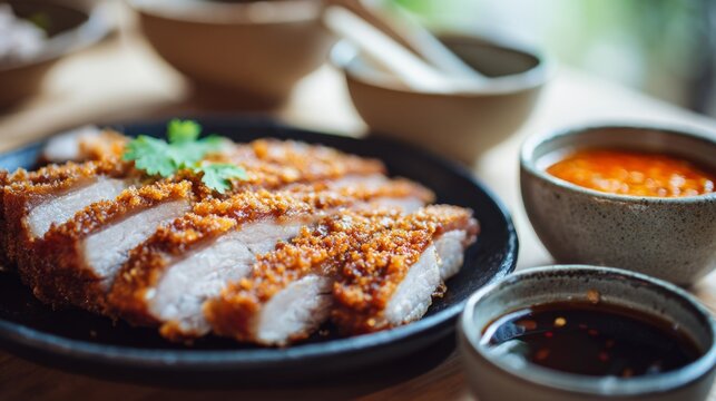 Crispy Fried Pork Cutlet with Dipping Sauces and Fresh Herbs Served in a Rustic Wooden Setting