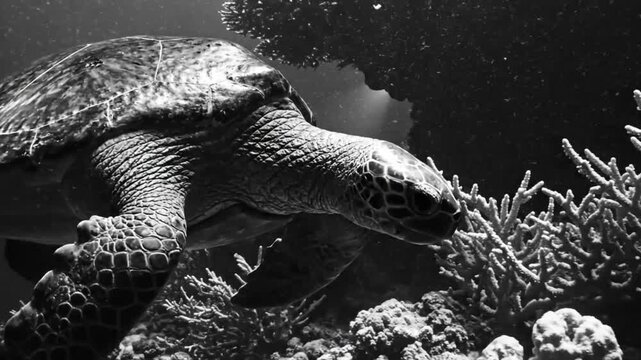 Black and white underwater cinematic shot of a sea turtle swimming over vibrant coral reef habitat