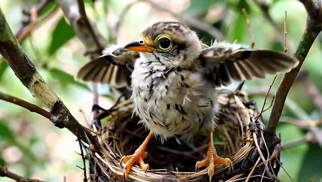 Young Bird Trying Its First Wing Flaps in the Nest