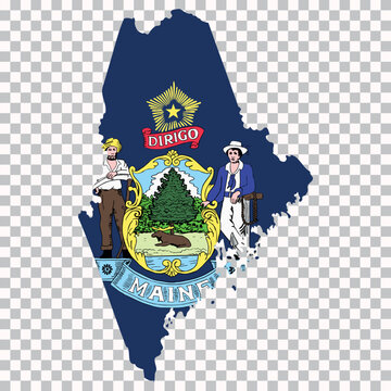 Map of Maine filled with its official state flag design, isolated on transparent background for geography and infographic purposes.