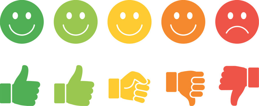 Customer satisfaction feedback rating scale, colorful emoji smileys and hand gestures from happy thumbs up to sad thumbs down, minimal vector for user experience and reviews.