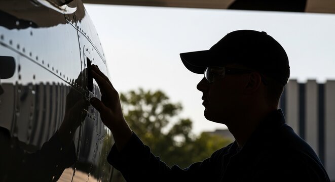 Aircraft Mechanic in Safety Glasses and Cap Inspecting Fuselage Exterior with Rivets and Access