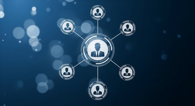 Abstract network connection of people icons in a digital hub and spoke system, teamwork concept
