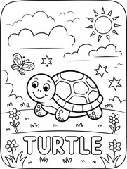 Fototapeta premium Cute turtle coloring page for kids, adorable tortoise character in nature with sun and flowers, cad drawing flat vector illustration