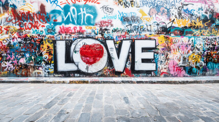 Fototapeta premium Graffiti covered wall featuring the word LOVE with a red heart, surrounded by vibrant tags and layers of urban street art