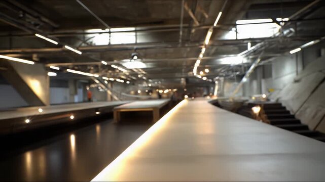 Modern industrial building featuring a long, empty concrete surface receding into the background, illuminated by bright overhead linear lights and strip lighting along the floor