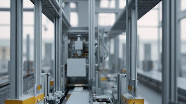 Automated robot arm precisely moving packages along a modern industrial conveyor belt system inside a high tech manufacturing facility, showcasing efficiency and advanced technology