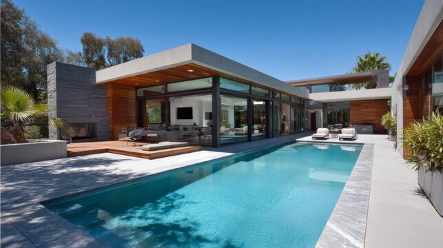 Modern Luxury Home with Swimming Pool Surrounded by Lush Greenery and Bright Blue Sky