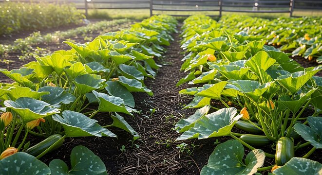 Green squash plants growing in a garden with large leaves and yellow flowers in rows on a sunny day