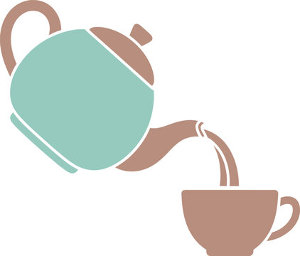 A minimalist flat vector illustration of a vintage teapot pouring tea into a matching coffee cup