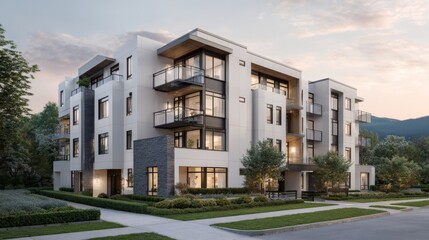 Obraz premium Modern Residential Building with Stylish Architecture and Lush Green Landscaping at Sunset
