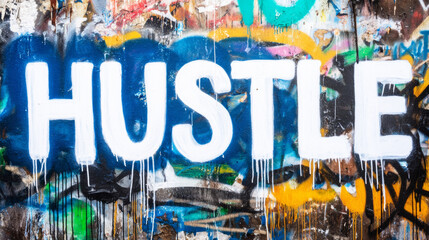 Naklejka premium Hustle word graffiti on colorful urban wall, symbolizing ambition, determination, and hard work in street art culture