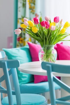 Vibrant spring-inspired dining nook featuring a glass vase filled with colorful tulips on a round table surrounded by turquoise chairs and pink cushions