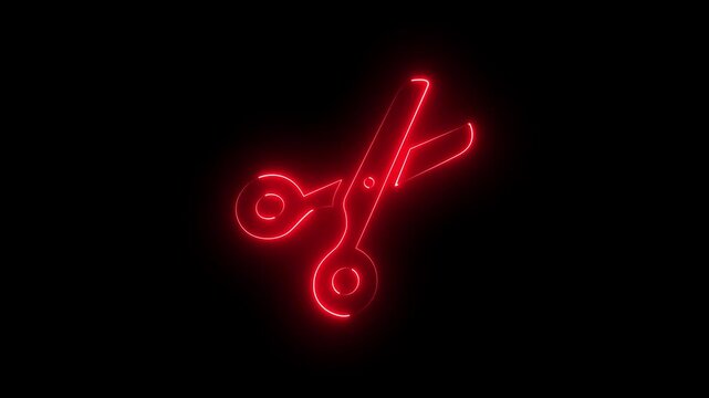 Neon Red Scissors icon for Cutting and Editing concept 4K Video on Dark Background.