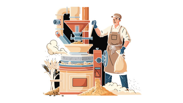 Artisan Milling: An artisan stands beside a vintage grain mill. The scene captures the traditional method of flour production.