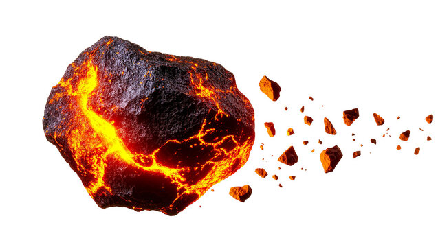 Isolated fiery glowing meteor asteroid fragment breaking apart with molten lava cracks